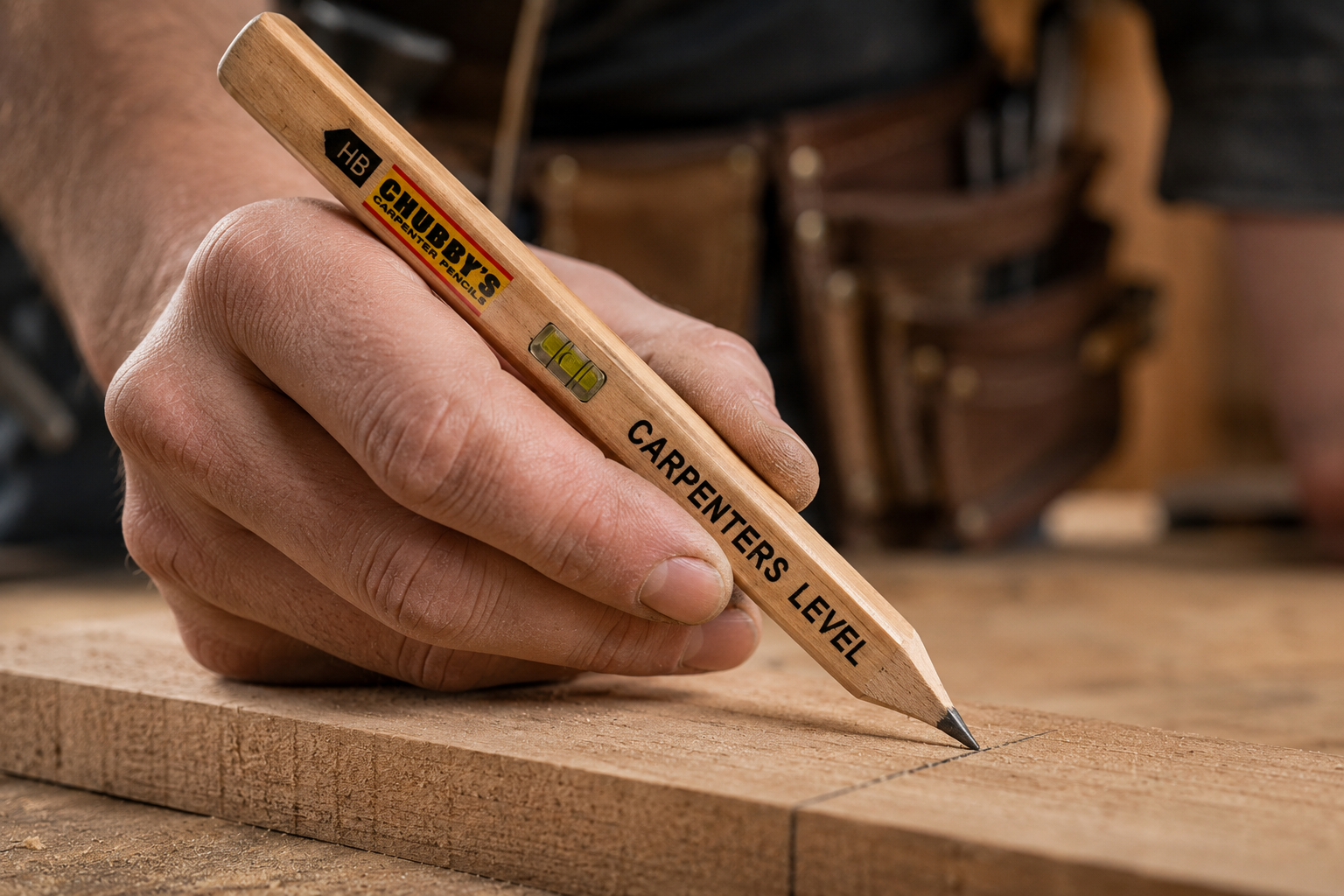 Hand marking timber with Chubby's pencil